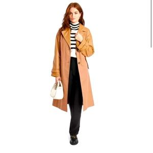 0524 A New Day Lightweight brown trench coat pleather sleeves and belt, size XS